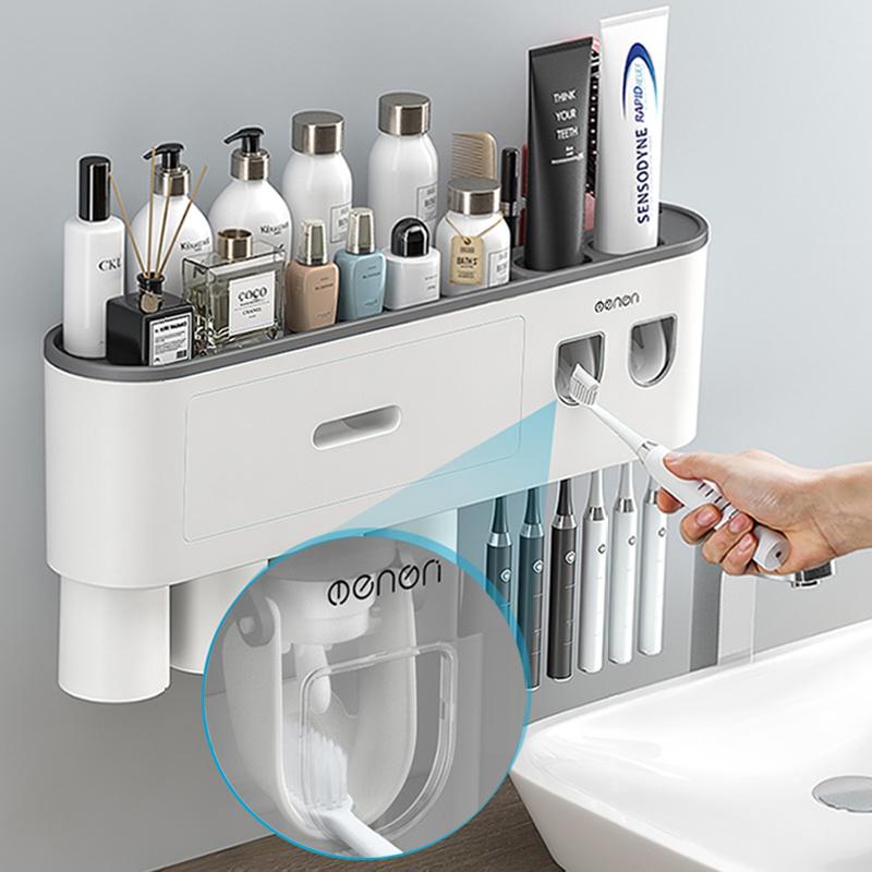Magnetic Adsorption Inverted Toothbrush Holder Double Automatic Toothpaste Squeezer Dispenser Storage Rack Bathroom Accessories