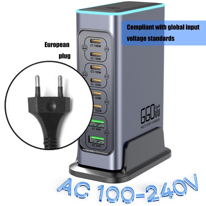 660 Вт 8-портовая станция быстрой зарядки USB C с портом PD100 Вт для ноутбуков, телефонов, планшетов, устройств. Европейские вилки. Настенное зарядное устройство