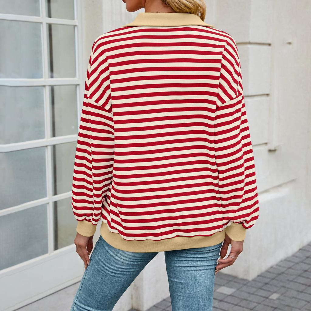 Женские свободные топы с длинными рукавами и V-образным вырезом в полоску, свитшот, футболка с длинными рукавами и цветными блоками, повседневные топы
