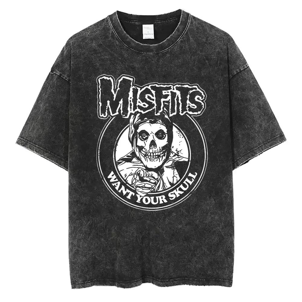 Washed Punk Graphic Fashion Casual Hardcore Skull T-Shirt Horror Men'S And Women'S T-Shirt Vintage Band Fit T