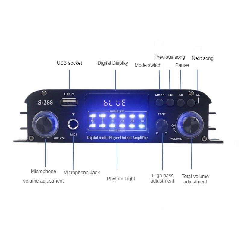 S-288 Bluetooth USB аудио усилитель мощности автомобильный 4.0 канальный аудио динамик домашний кинотеатр HiFi стерео усилитель 17.6X10X4CM