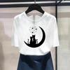(Asian Size) Fashion Print Moon Cat Love Sweet Female Casual Women's Top Casual T Clothing Graphic Tee Short Sleeve T-shirt