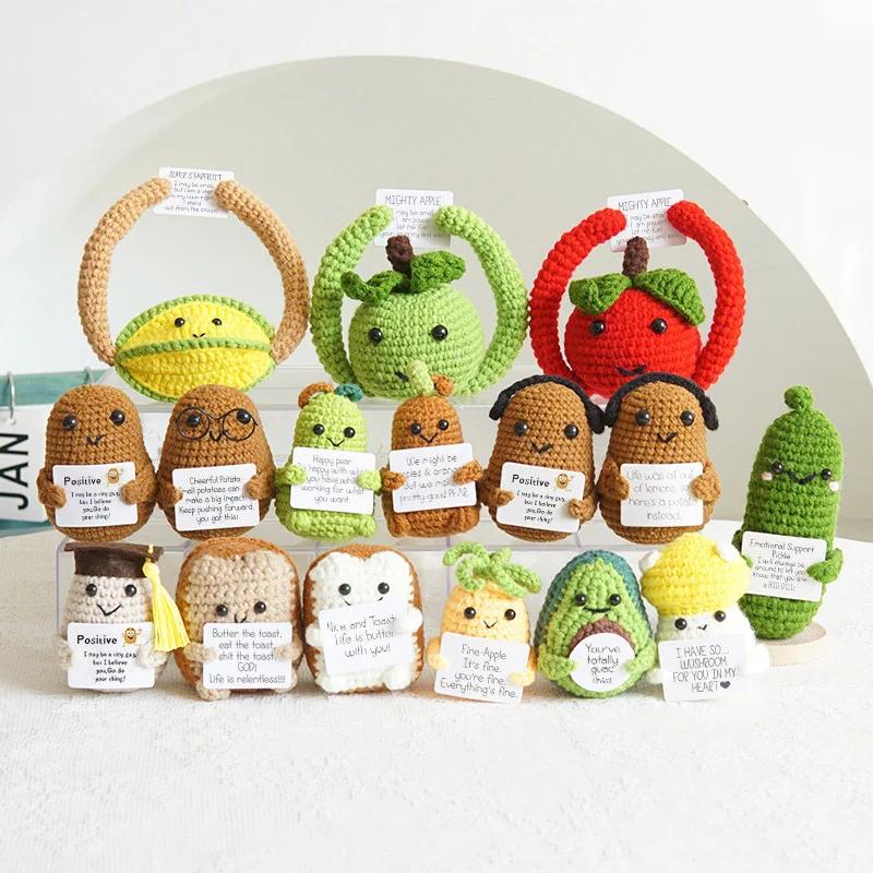Positive Crochet Doll Knitted Animal Fruits with Affirmation Card Funny Handmade Gift Creative Table Ornaments Birthday Gift