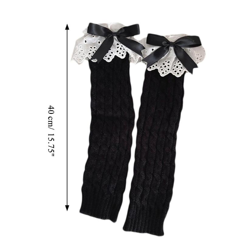 Women Autumn Ruffled Lace Bowknot Leg Warmers Japanese Lolita Twist Cable Knitted Foot Covers Student Stretch Calf Socks