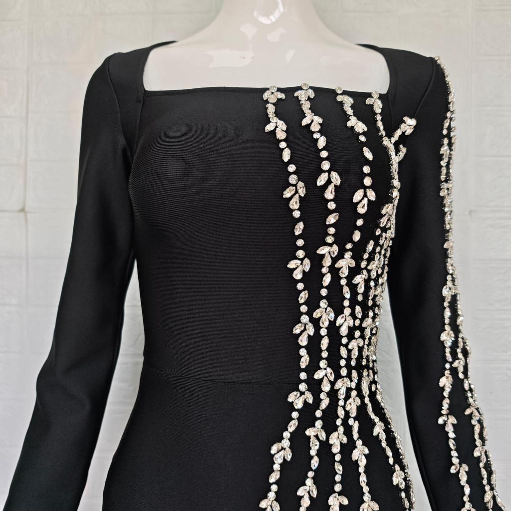 Европейское и американское роскошное платье-бандаж с квадратным вырезом и стразами - Приталенное, элегантное вечернее платье для светской львицы.