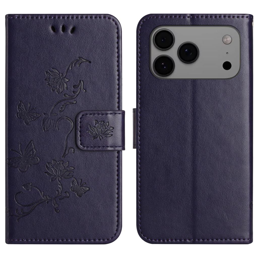 For iPhone 17 Pro Case Wallet Stand Imprinted Butterfly Flower PU Leather Phone Cover