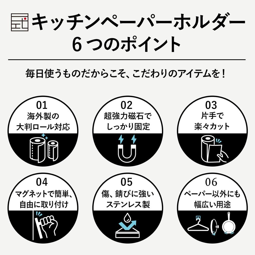 Issiki Кухонная бумага из нержавеющей стали Сделано в Вмещает большие рулоны вертикально или Прочный магнитный держатель для холодильника, Магнитный, Отрыв одной рукой, Сталь, Япония,