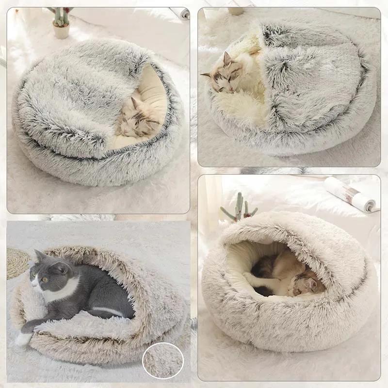 Кровать для домашних животных, спальный мешок для кошек и собак, кошачье гнездо, будка для маленьких собак, зимняя длинная плюшевая круглая подушка, домик для кошек и собак, теплая корзина для домашних животных