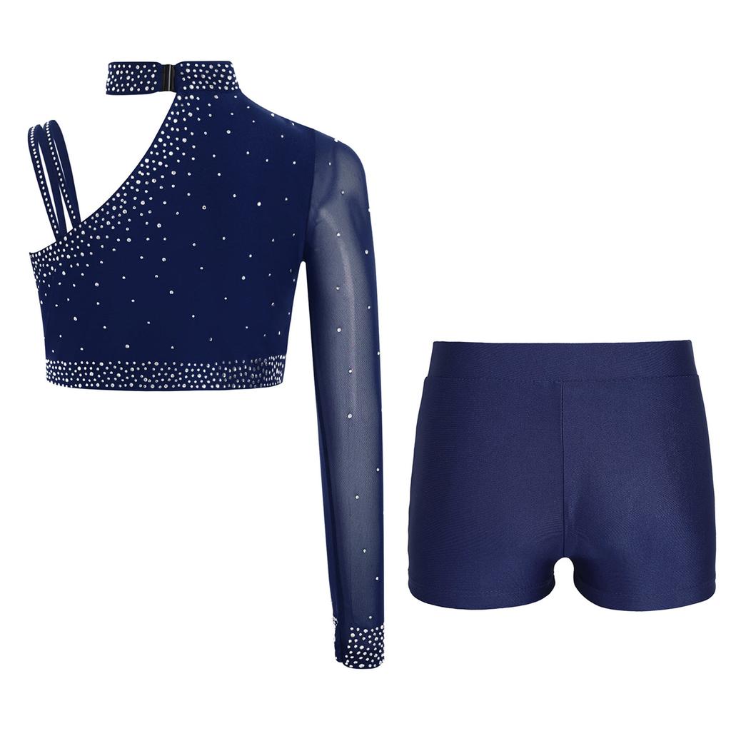 Блестящий укороченный топ для танцев со стразами для девочек: Шорты с асимметричным плечом и V-образным поясом для танцевальных выступлений