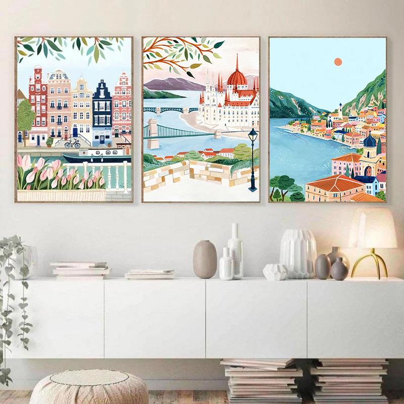 World Travel City Poster Landscape Greece Italy Florence Paris France Canvas Print Painting Wall Art Living Room Home Decorative
