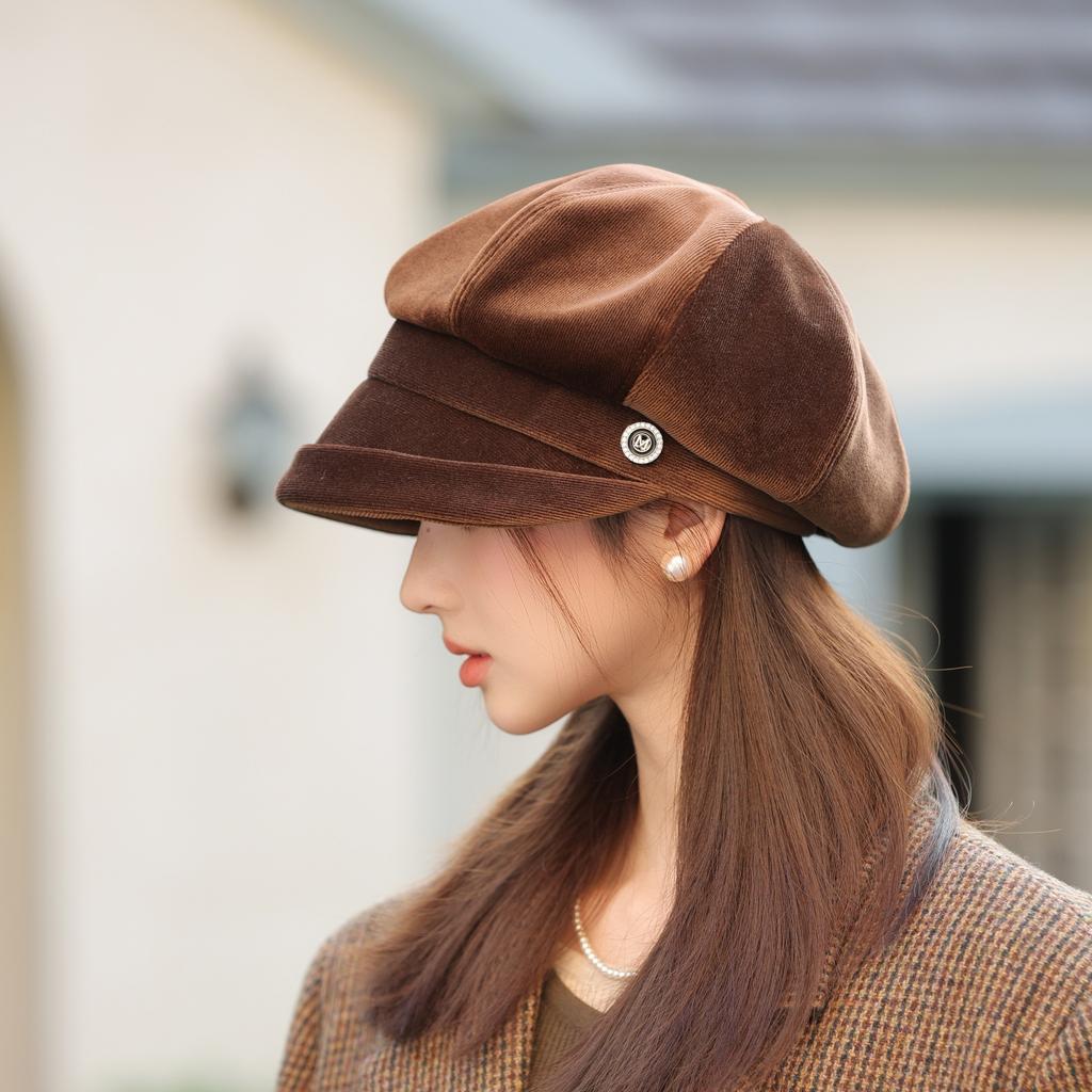 Берет Женский Осень и Зима Ретро Шляпа Художника Мода Утиный Язычок Восьмиугольная Шляпа