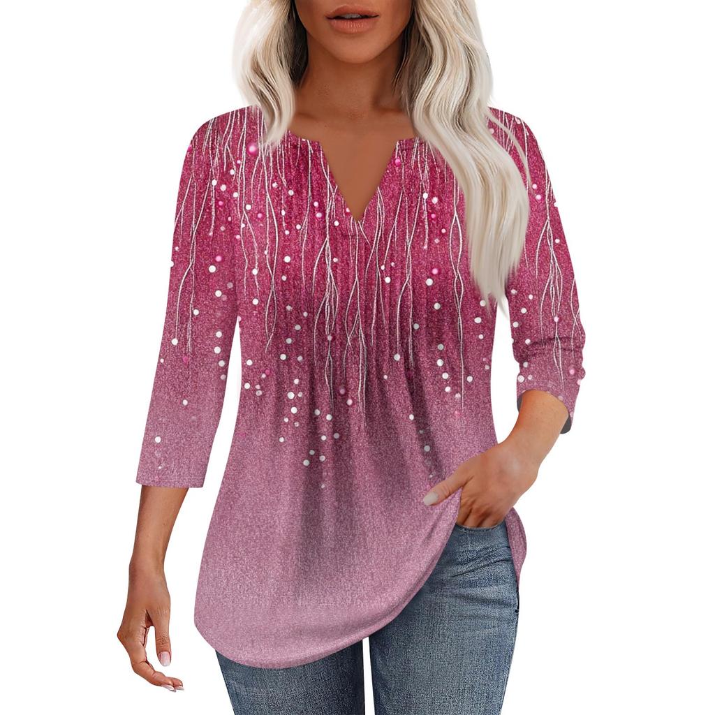 Женская модная повседневная плиссированная футболка с V-образным вырезом и рукавом семь четвертей