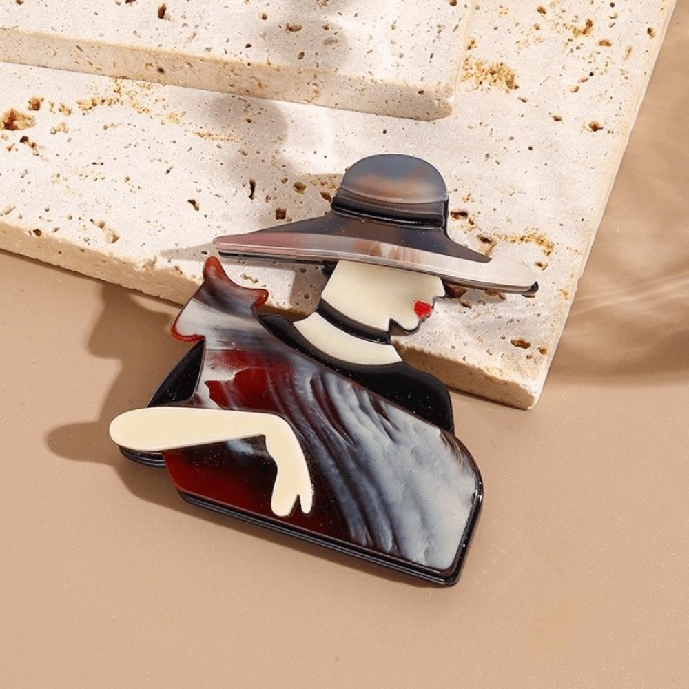 Large Women Portrait Pin Acrylic Coat Badge Cute Lady with Hat Brooch Clothing Accessories