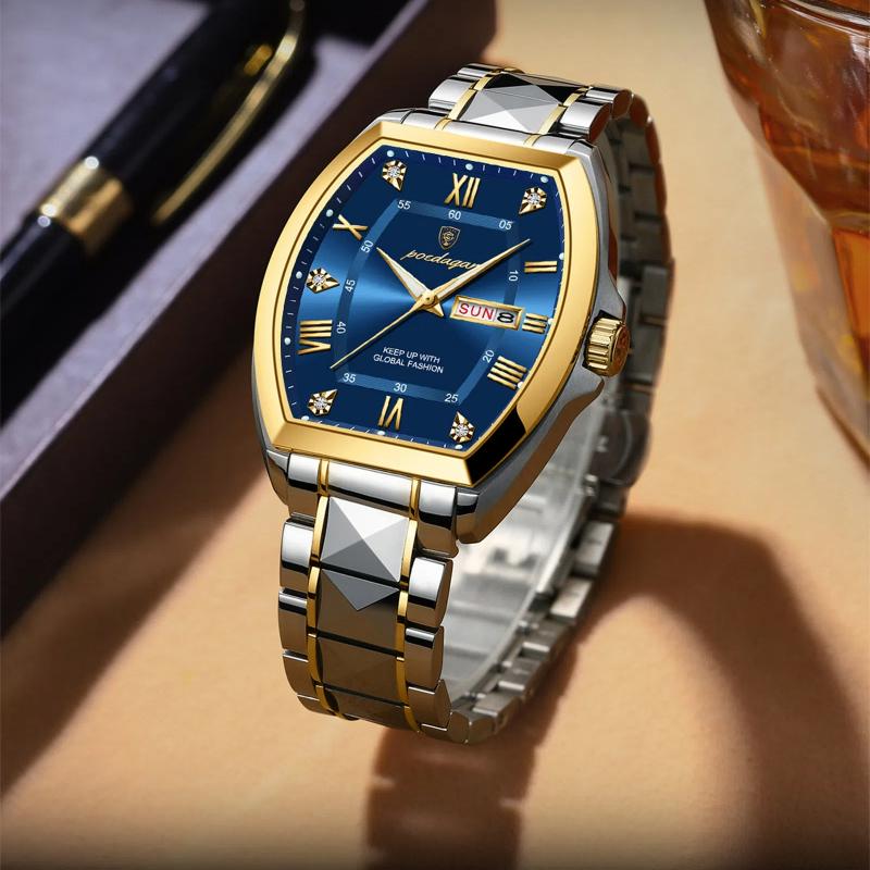 POEDAGAR Luxury Stainless Steel Watches for Man Luminous Waterproof Date Week Men Watch Tonneau Case Men's Quartz Watches