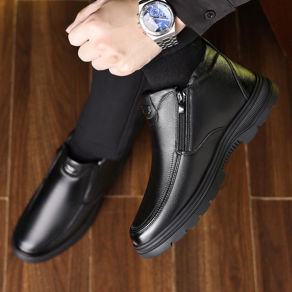 The first layer of cowhide wool snow cotton shoes men's shoes one pedal winter velvet high-top leather shoes to keep dad warm winter genuine leather