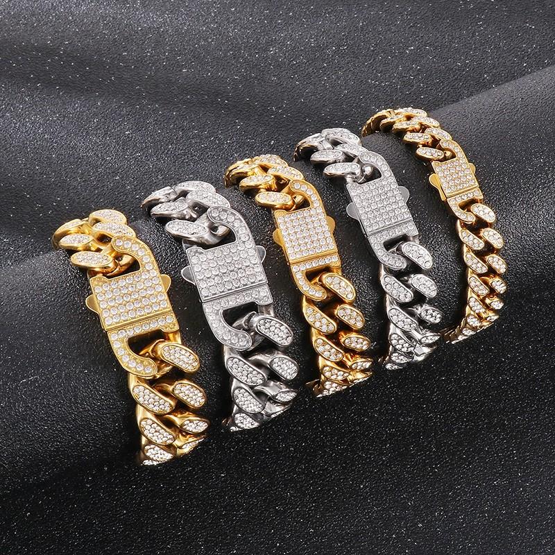 16MM Chunky Stone Cuban Chain Bracelet for Men Women Hip Hop High Quality Stainless Steel Full Rhinestones Trend Jewelry Gift