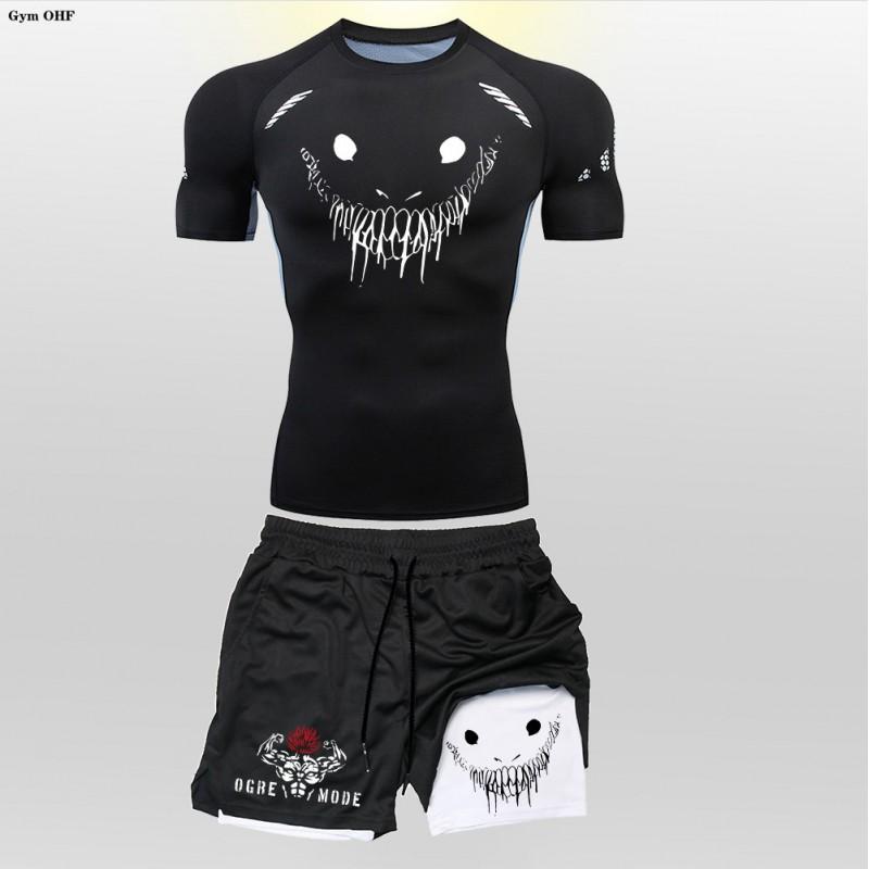 Mens Athletic 2-Piece Set: Quick-Dry Compression T-Shirt Shorts With Graphic Print Running Training Gym