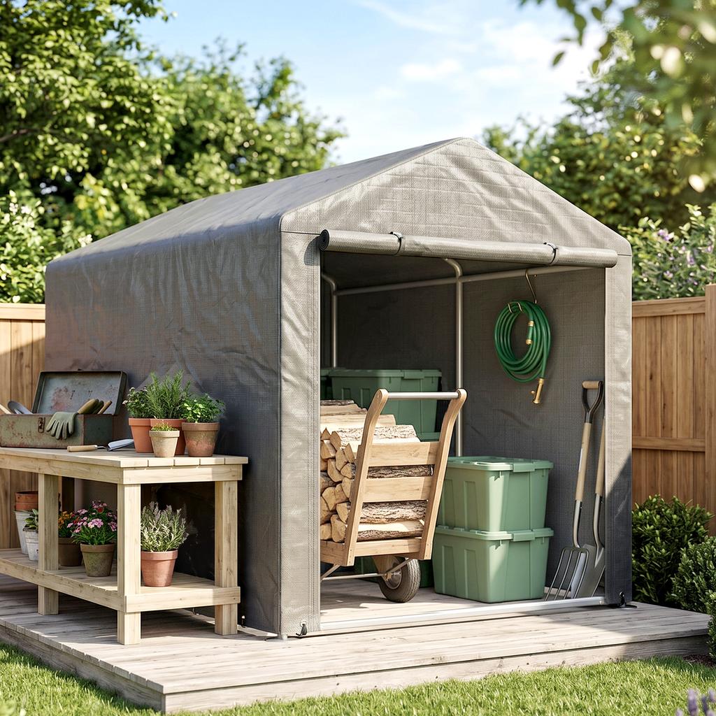 Garden Shed, Storage Tent, Motorcycle Shelter, Roll-Up Zippered Door, 160 x 218 x 172 cm, Grey