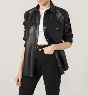 Рубашка черная натуральная женская мягкая ручная работа дизайнерская кожа повседневная стильная овчина