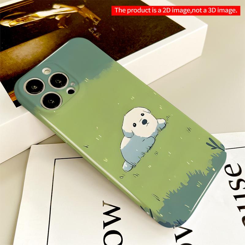 2DFlat Cute White Puppy in Green Grass Phone Case All inclusive film hard iPhone case, compatible with iPhone 18 Pro Max 17 16 15 14 13 12 11