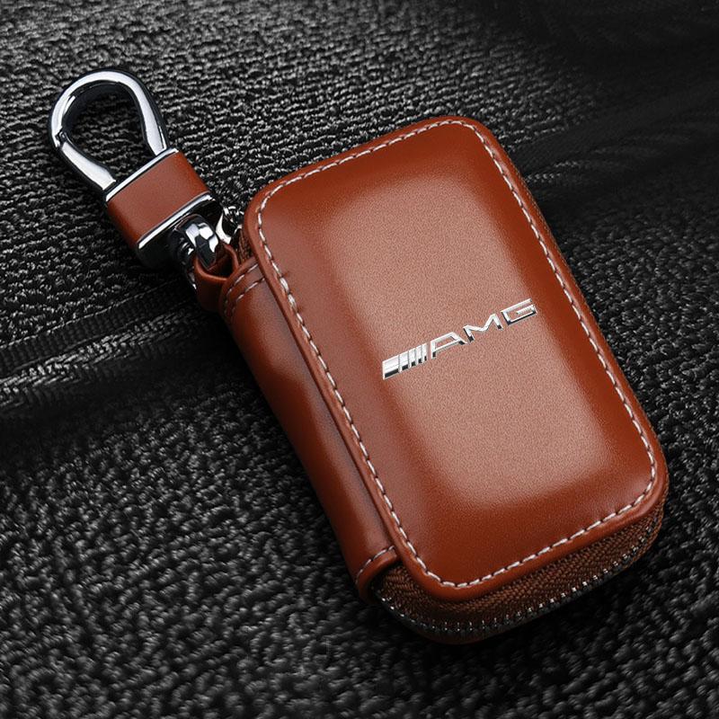 Leather Emblem Car Key Case Keychain Zipper Key Case Bag Car Accessories For Mercedes-Benz AMG C500 C200 C300 A B C E GLA CLA GLK GL ML GLE W204 W205