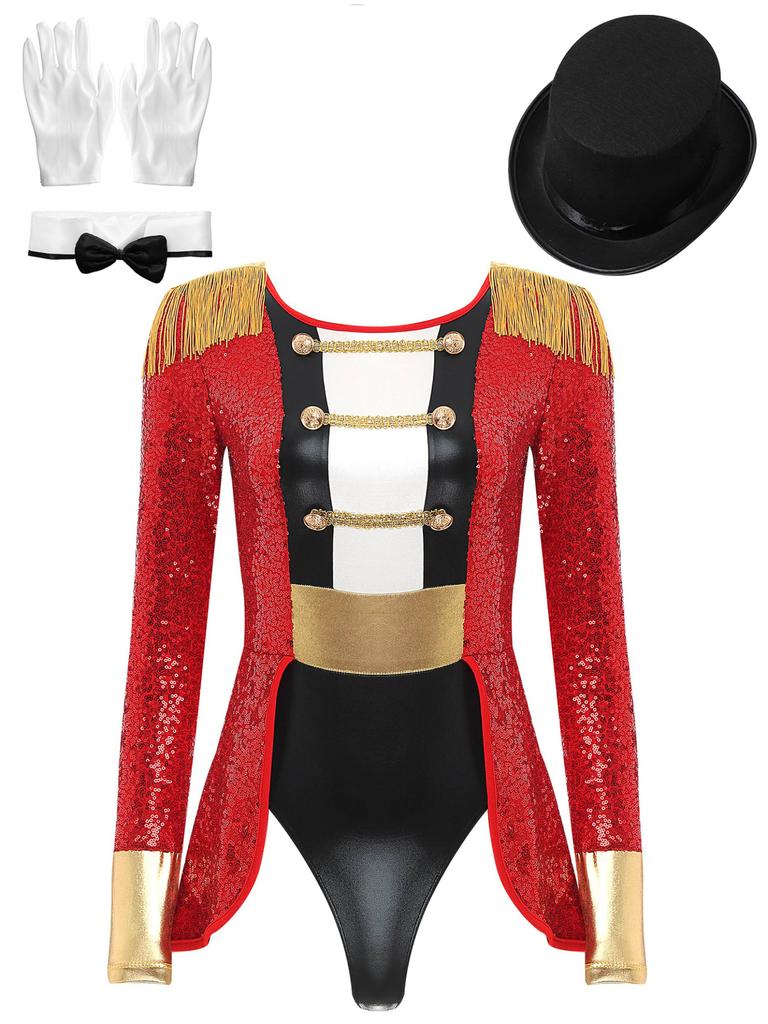 Women's Circus Ringmaster Costume Halloween Cosplay Tassel Leotard Bodysuit with Hat Bow Collar Gloves for Party Stage Shows