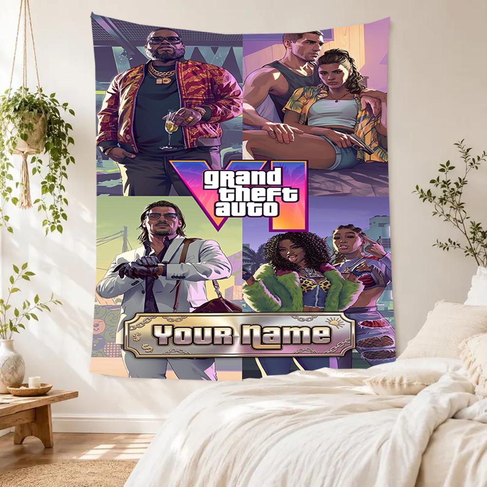 Grand Theft Auto Personalized Text Tapestry Aesthetic Wall Tapestry Smooth Polyester Perfect for Home Decor Ideal for All Seasons