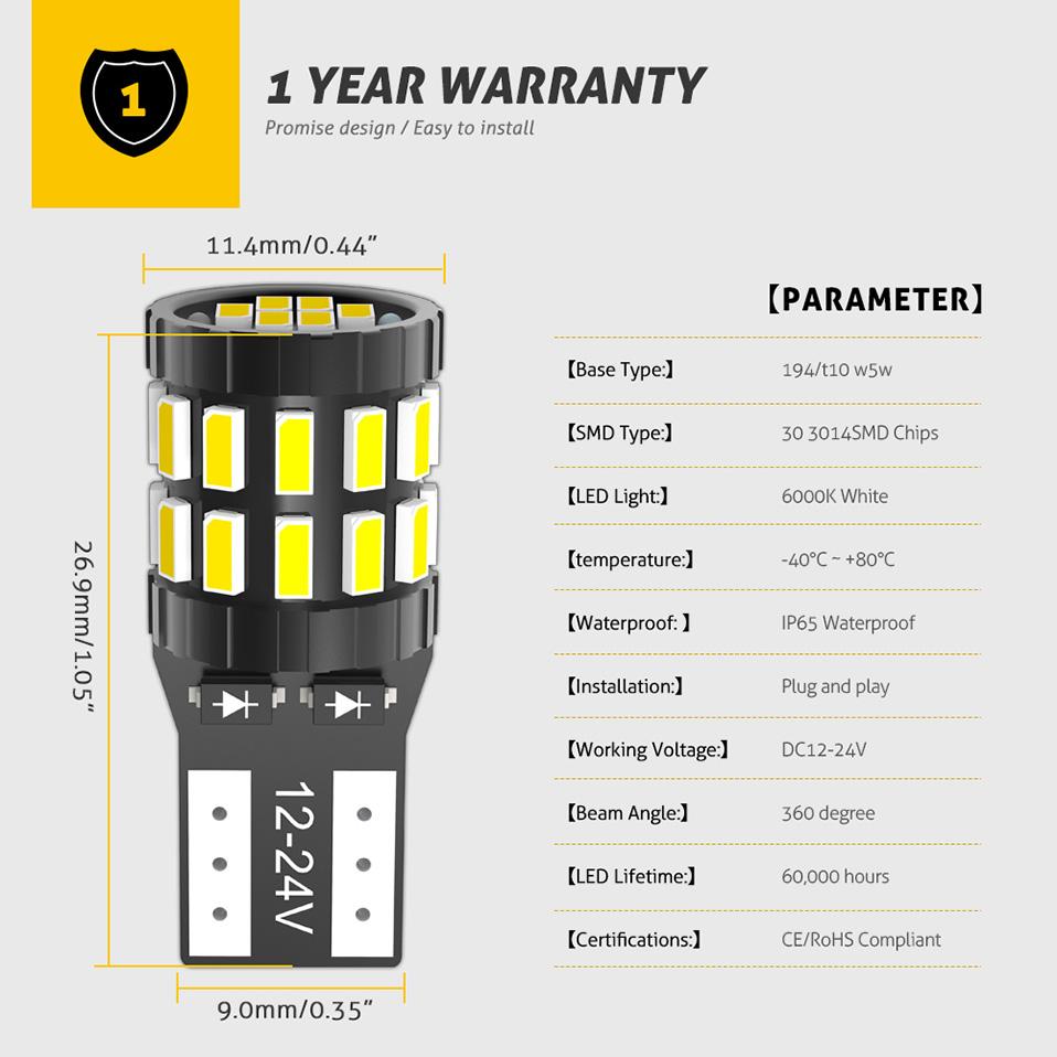 4x T10 W5W Led Canbus bulbs 168 194 6000K LED Parking Lights Lights Interior Light bulbs For car 6000K White Red Blue Amber 12V Dome Lights 6