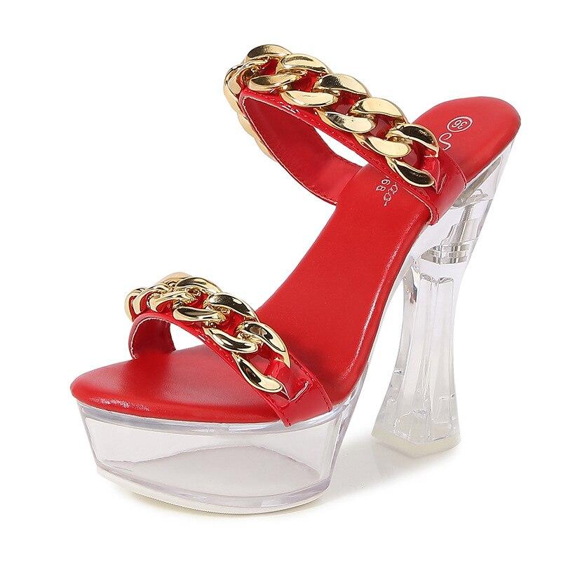 Женская обувь, пикантные шлепанцы на высоком каблуке со светящейся металлической пряжкой и кристаллами, серия 10365, каблук 14 см, платформа 4 см, LFD