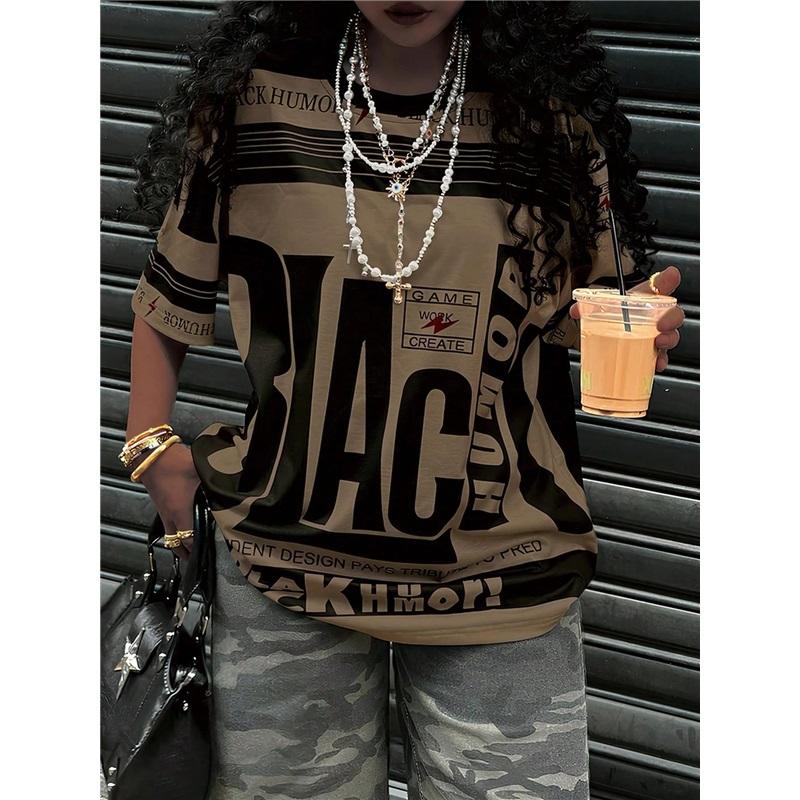 Большая американская ретро ЧЕРНАЯ футболка с принтом, короткий рукав, для женского уличного стиля, свободная и стройнящая, контрастный топ с половиной рукава