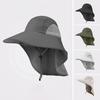 Men Outdoor Hat with Neck Cover Large Brim Hollow Mesh Windproof Chin Strap Anti-UV Sunscreen Great Breathability Camping Fishing Travel Cap