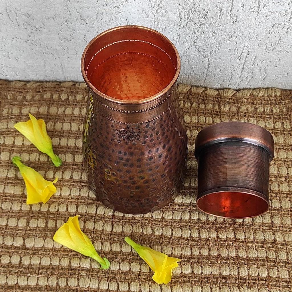 Pure Copper Bedroom Water Bottle with Inbuilt Glass, Hammered Antique Design, Volume 900 Ml (Pack of 2)