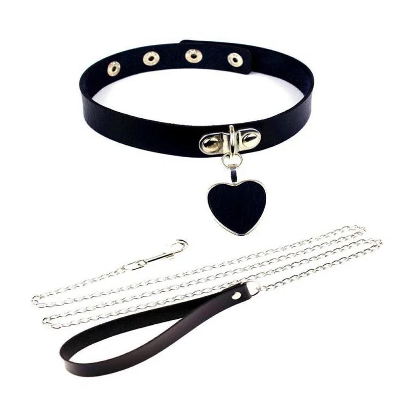 Bdsm Bondage Cosplay Leather Choker Adjustable Heart Collar Leash Gothic Bell Neck Jewelry