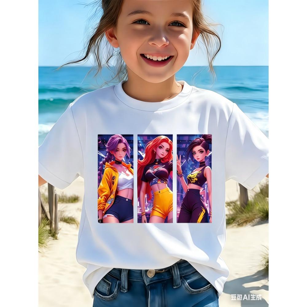 Summer Kids Girls Kpop Three Girls Cartoon Print Creative Fashion Versatile Crew Neck Adult T-Shirt Tops