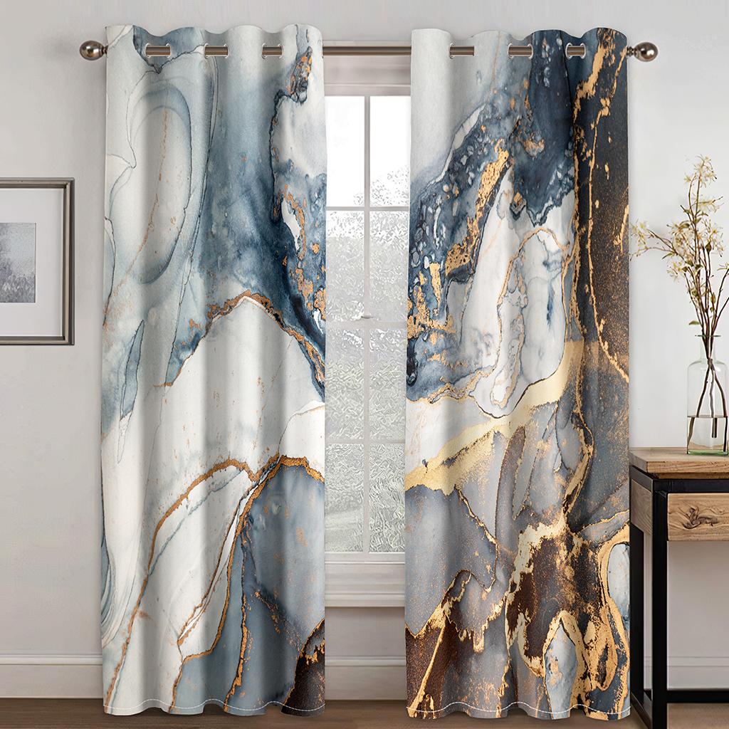 2pcs Modern Abstract Art Marble Textured Geometric Print Drape RodPocket Curtain Semi Blackout Curtains For Living Room Bedroom