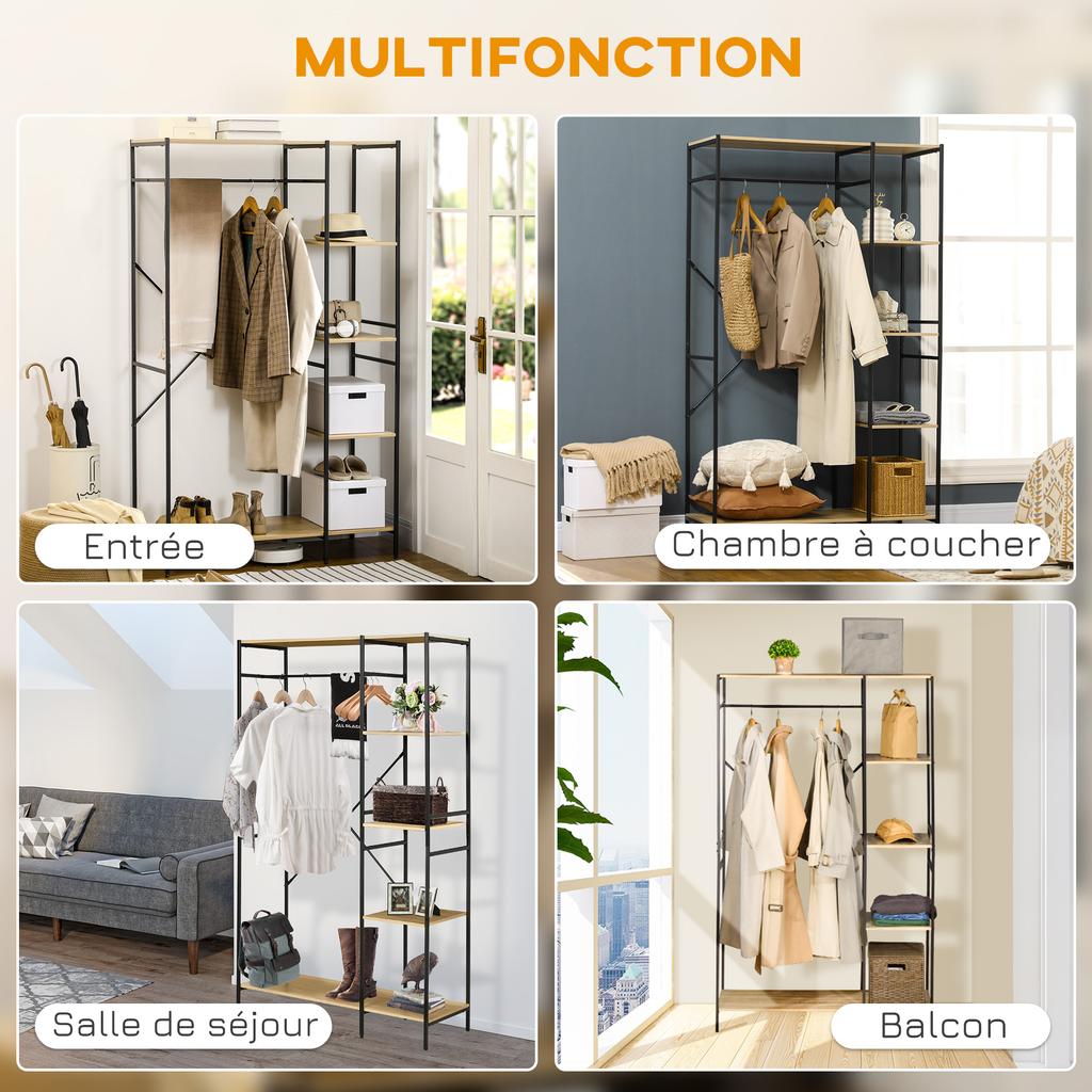 Industrial Metal Clothes Rack with Hanging Rail and 4 Shelves, 100x46x170.5cm
