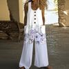 Women's Fashionable Casual Button-down Sleeveless Jumpsuit, Retro Floral Printed Cotton Pocket Jumpsuit