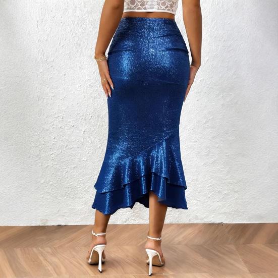 Женская юбка миди Сексуальный облегающий дизайн Скрывающая бедра Однотонная юбка для вечеринок Блестящая Заниженная талия Рюши по подолу Юбка «рыбий хвост» Повседневная одежда