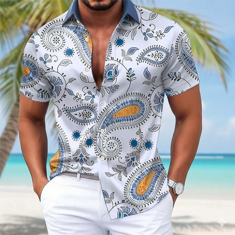Summer Lightweight Men's Collared Shirt, Gradient Wavy Print, Stylish Casual Vacation Loose Hawaiian Style Men's Shirt, XS-6XL