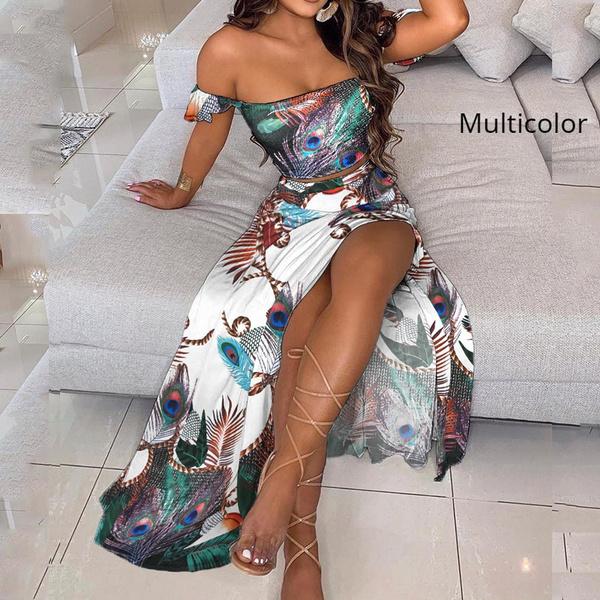 Женские элегантные комплекты из двух предметов: укороченный топ и юбка с разрезом, темпераментный топ с заниженными плечами и оборками, платье с высокой талией и разрезом