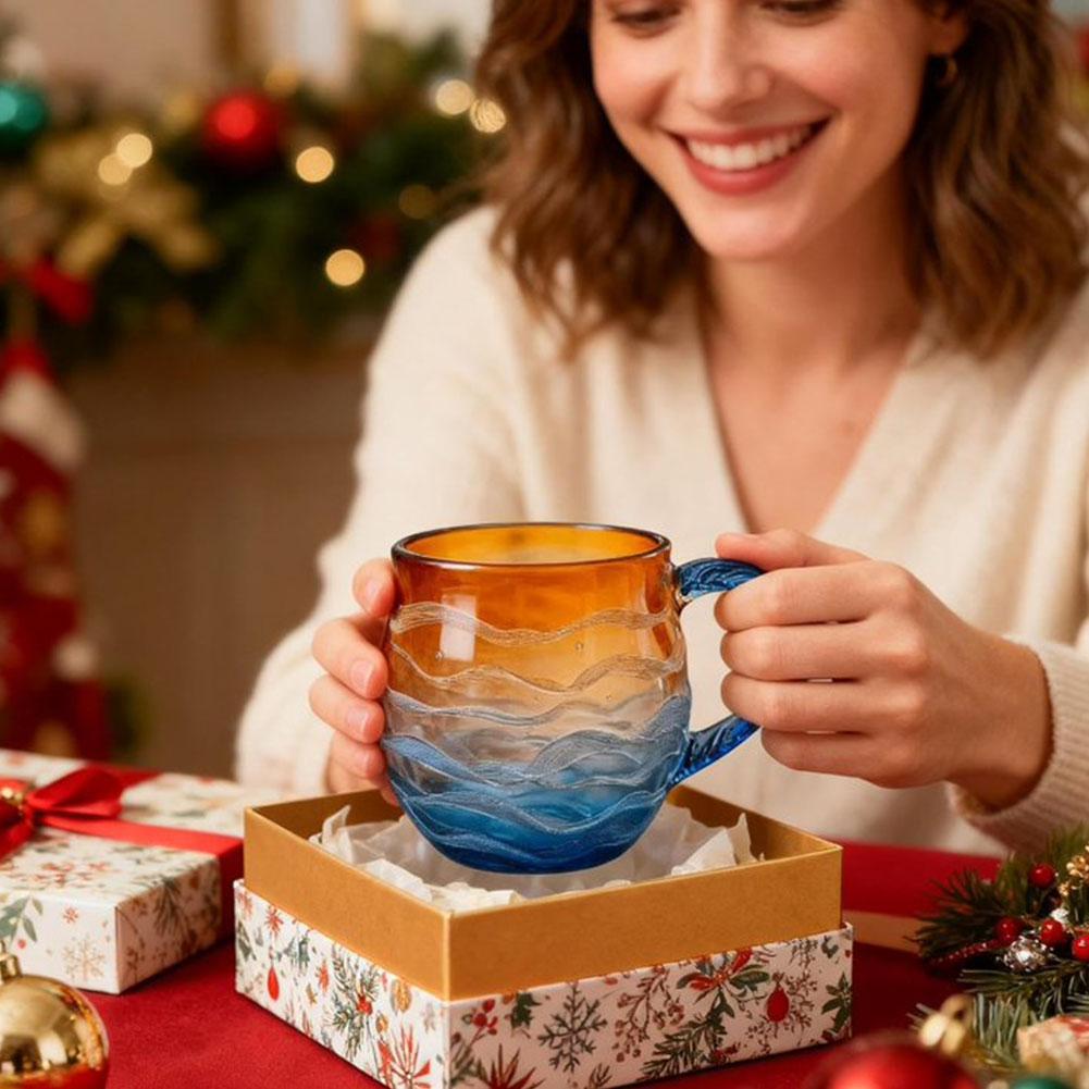 350 мл Ручная работа Закат Океан Стеклянная кружка Для послеобеденного чая Офисная кружка Уникальный дизайн Оранжевый Градиент Синий Отправка ложек