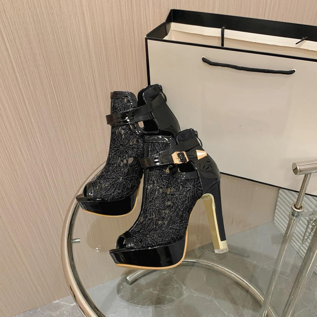 Spring Sexy Sandals Women Fish Mouth Waterproof Platform Mesh Zipper High Heels Boots Nightclub Party Shoes