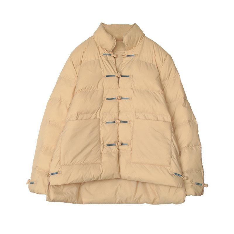 Новая легкая куртка-пуховик в китайском стиле с пряжкой, женская короткая, свободная, большого размера, воротник-стойка, наряд для мамы