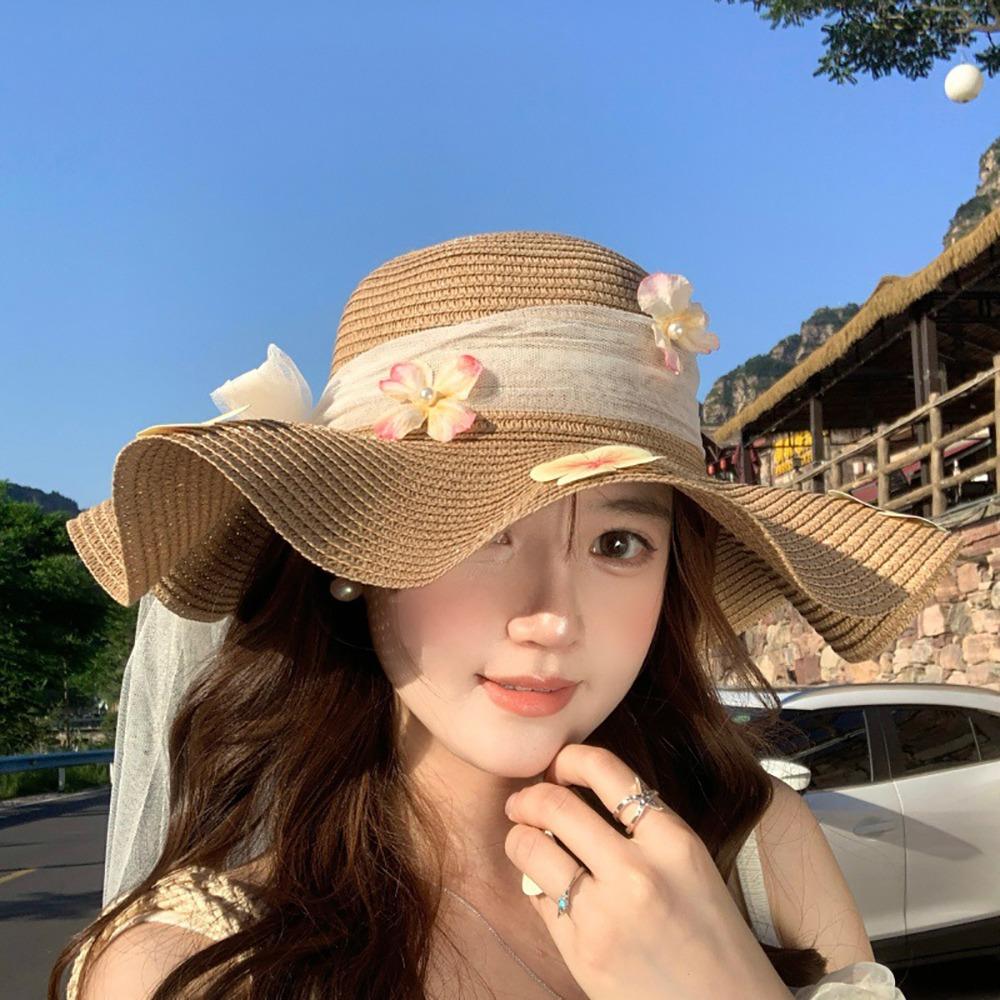 Flower Straw Hat Big Bowknot Wide Brim Hat Lolita Sun Protection Hat Seaside Vacation