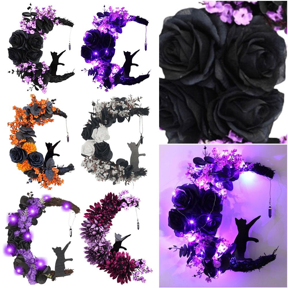 Handmade Artificial Moon Cat Garland Halloween Cat Door Wreath Halloween Door Wreath for Home Party Window Wall Indoor Outdoor