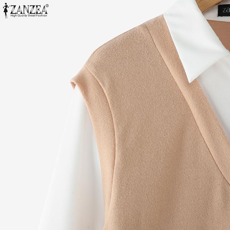 ZANZEA Женские винтажные поддельные рубашки-двойки с длинным рукавом контрастного цвета