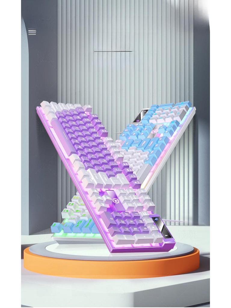 Проводная игровая клавиатура розового и серебристого цвета с цветной подсветкой - механическое ощущение для настольных компьютеров