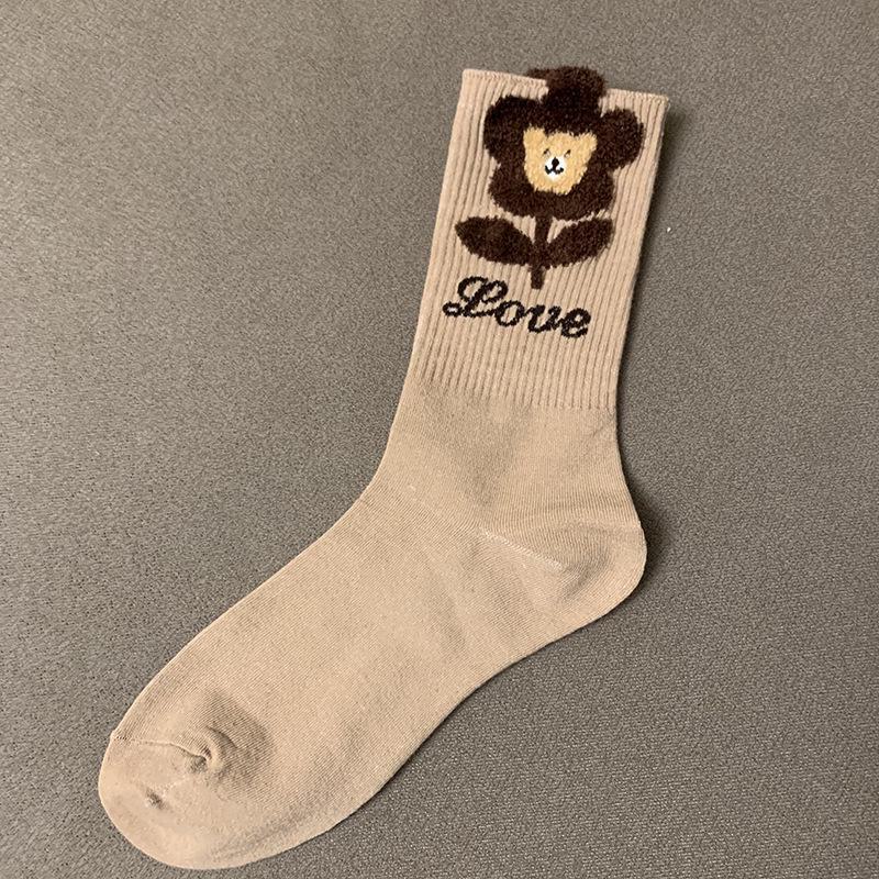 Женские модные носки средней длины с плюшевым медведем и цветком, осень/зима - Кофейный/черный