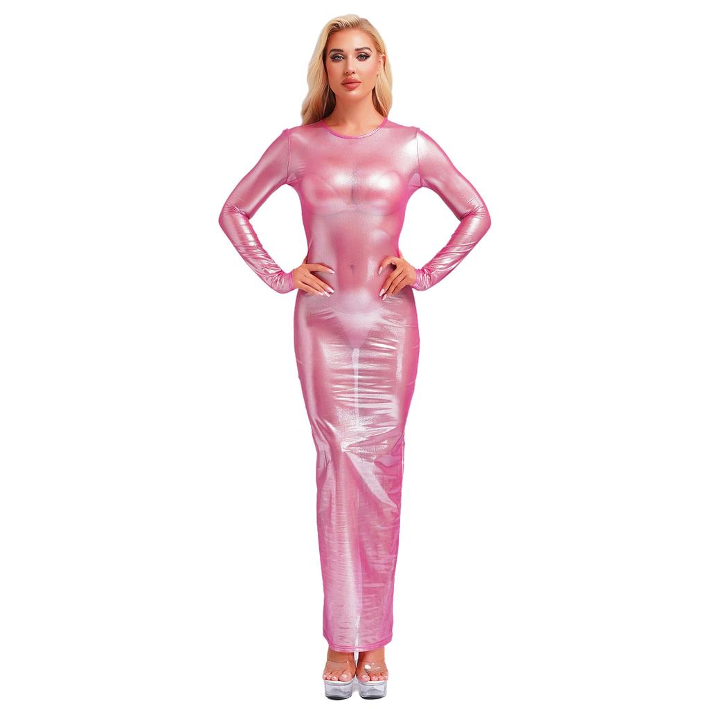 Женское прозрачное платье с длинным рукавом, с металлическим блеском, просвечивающее, в стиле макси, для клуба, ночное белье, забавное платье-нижнее белье