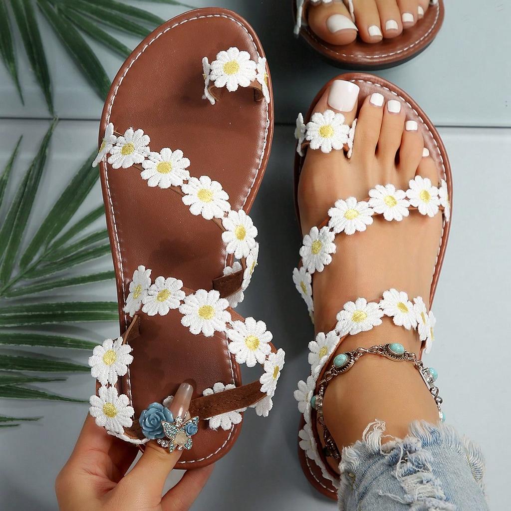 Fashion Summer Women Sandals Outdoor Open Toe Shoes Women Bohemian Lightweight Sandals Flower Flat Sandals Plus Size Holiday Beach Shoes
